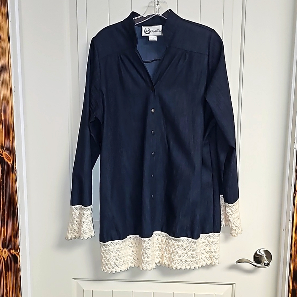 L&B Lucky & Blessed Embroidered Denim Button Up Long Sleeve Shirt Size XL